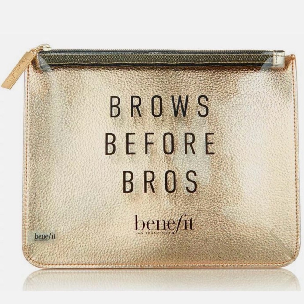 Brows Before Bros Makeup Bag Benefit Clear Cosmetic Bag Pouch Zip Gold Tone NWOT